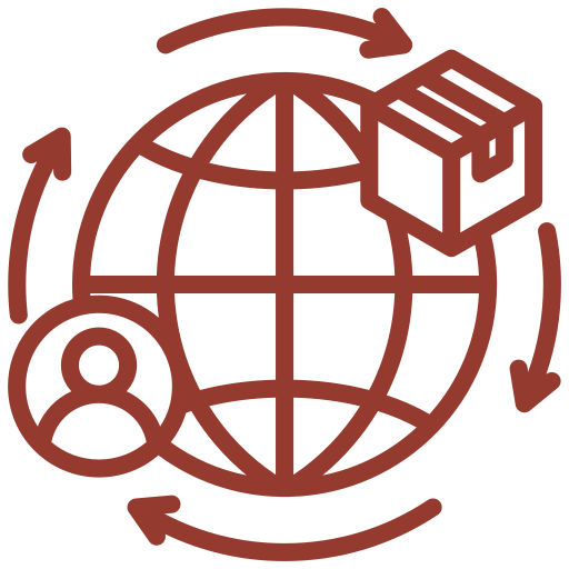 Icon of a globe with grid lines, a cube, and a person symbol connected by circular arrows indicating global connectivity.