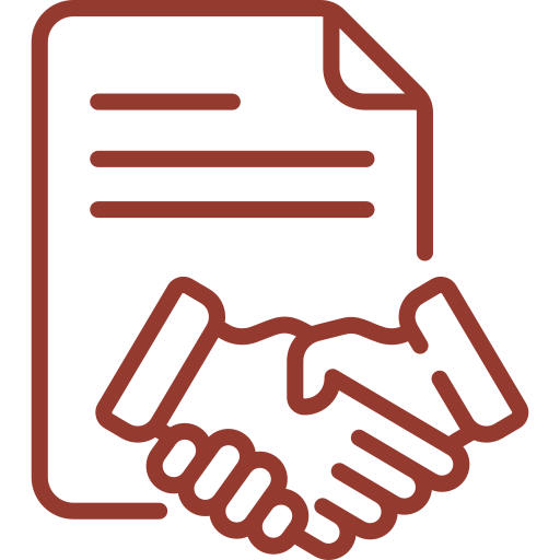 Icon of two hands shaking over a document, symbolizing agreement or contract