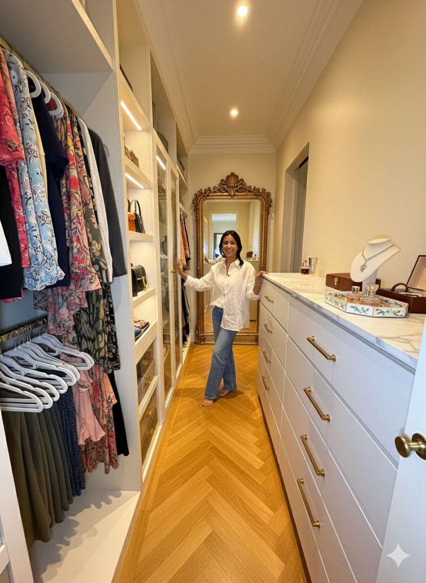 A woman stands in a luxurious walk-in closet with white shelves and drawers, wooden herringbone flooring, and an ornate mirror at the end.