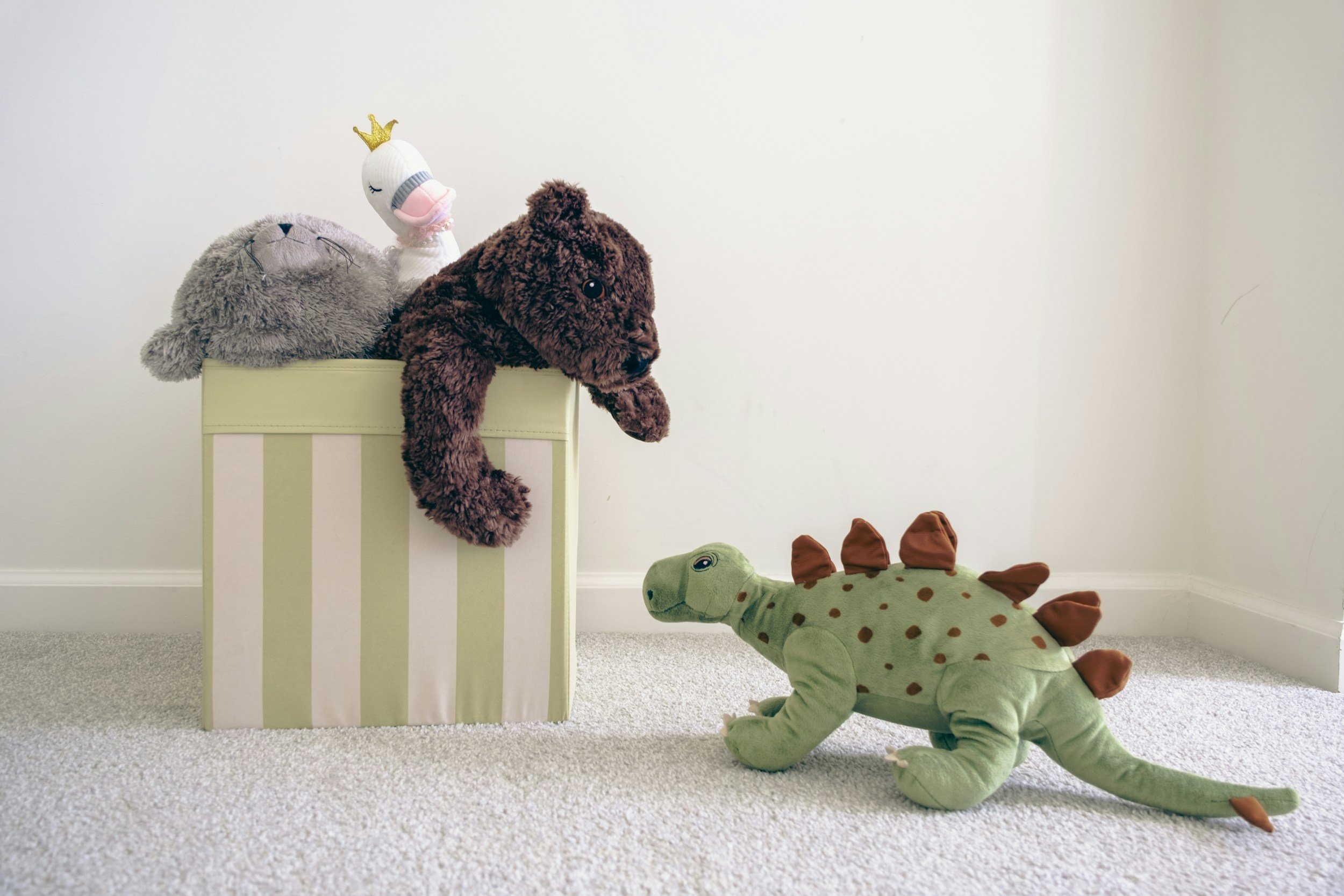 Collection of stuffed animals including a gray bear, a white doll with a unicorn hat, a brown teddy bear, and a green dinosaur with brown spikes, arranged in a room with cream carpet and white walls.