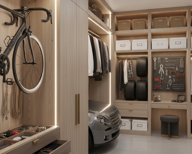 A garage with a vintage green car parked in the center, wooden cabinets on the right, bicycles mounted on the wall, a workbench with tools on the left, and a window allowing natural light in.