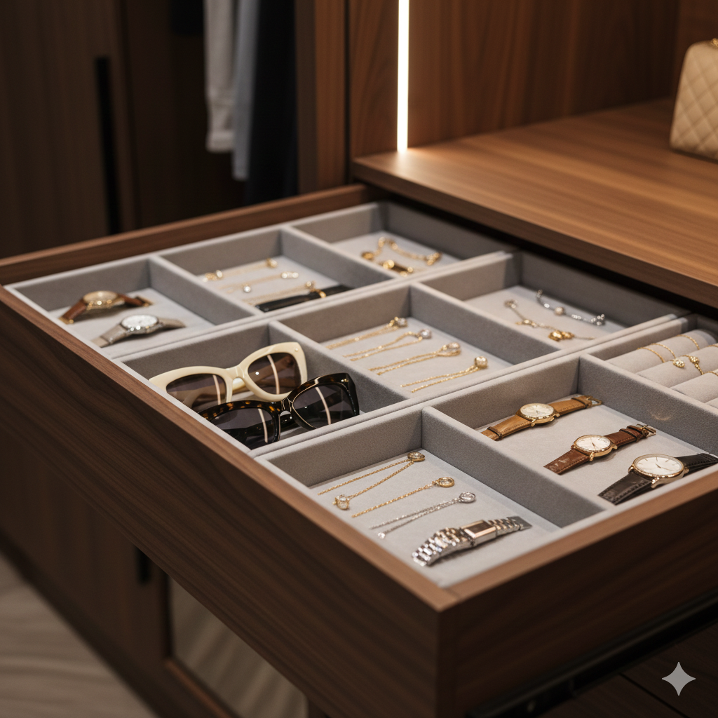 A jewelry display case containing various watches, necklaces, and bracelets in a jewelry store.