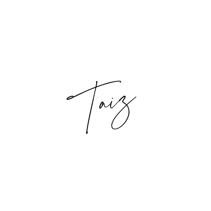Black background with minimalist line art of a woman's face, hair in a bun, and the word 'Taiz' written in cursive.