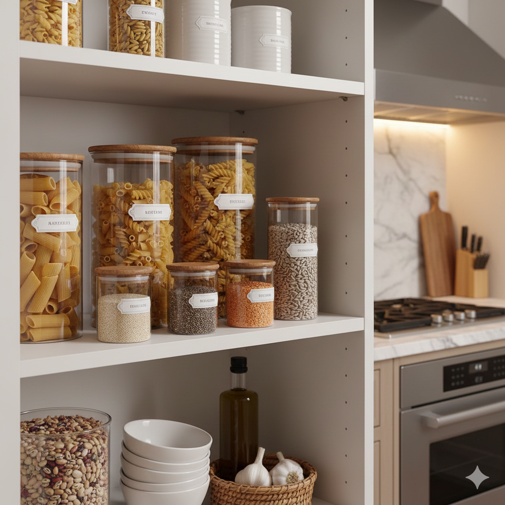 A woman stands next to an open pantry in a bright, white kitchen with a marble island, gold accents, and decorative pendant lights. She is smiling and balancing on one foot with her other leg bent back.
