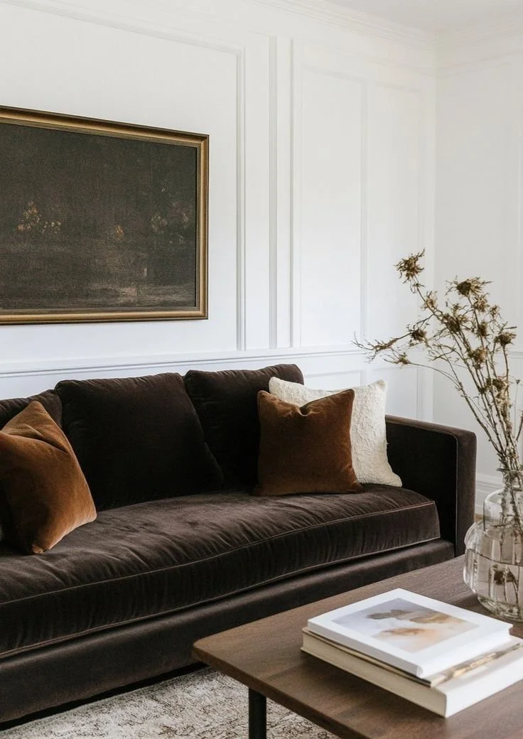 A living room with a dark brown velvet sofa decorated with brown and cream pillows, a wooden coffee table with books, a large vase with dried branches, and white paneled walls with a framed dark artwork.
