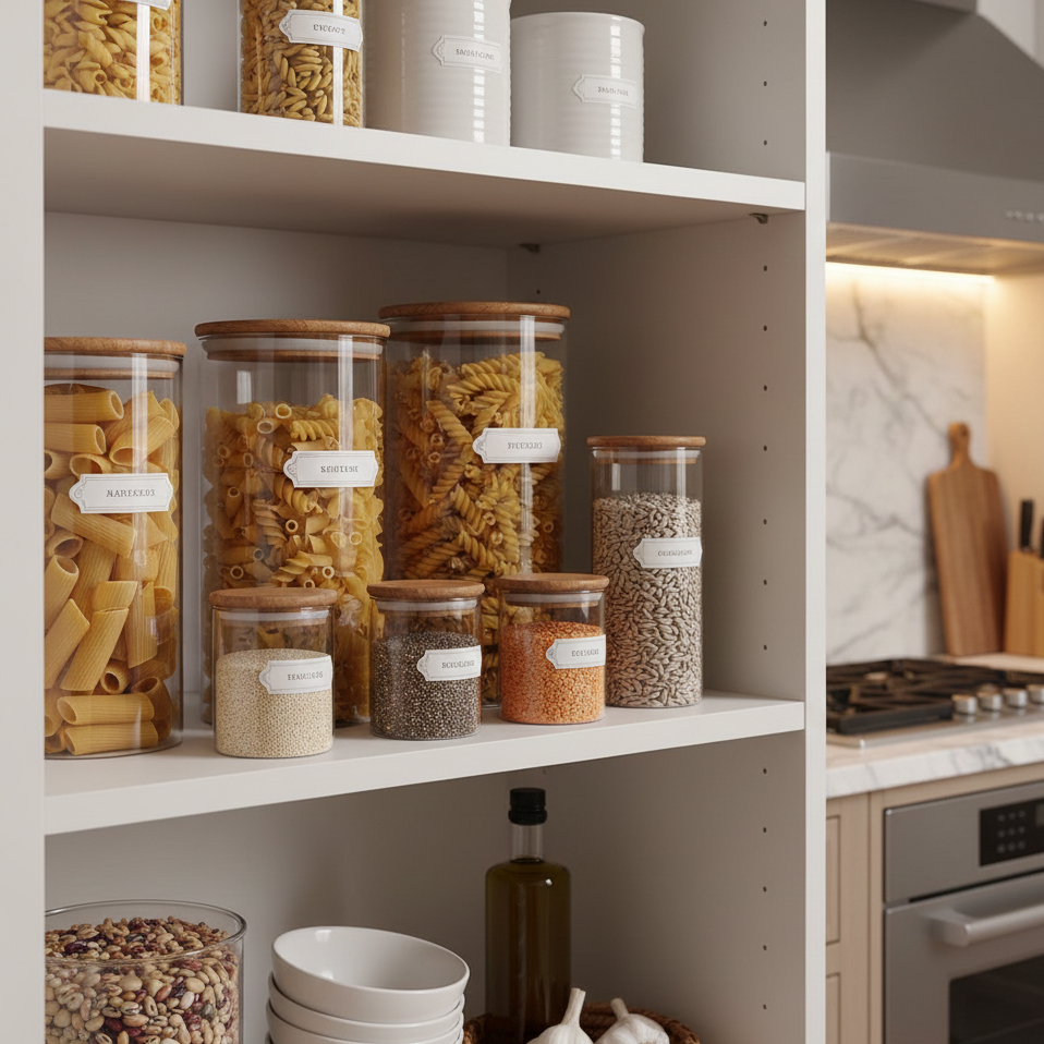 Kitchen pantry with glass jars containing pasta, rice, and grains on white shelves, with a cutting board and stove visible in the background.