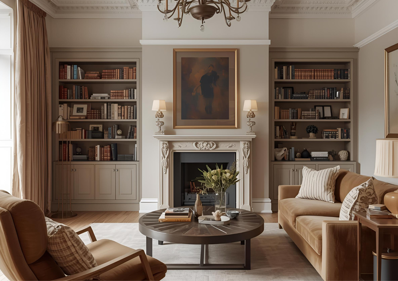 Living room with fireplace, built-in bookshelves, beige sofa, armchair, coffee table with vase of flowers, artwork above fireplace, and chandelier.
