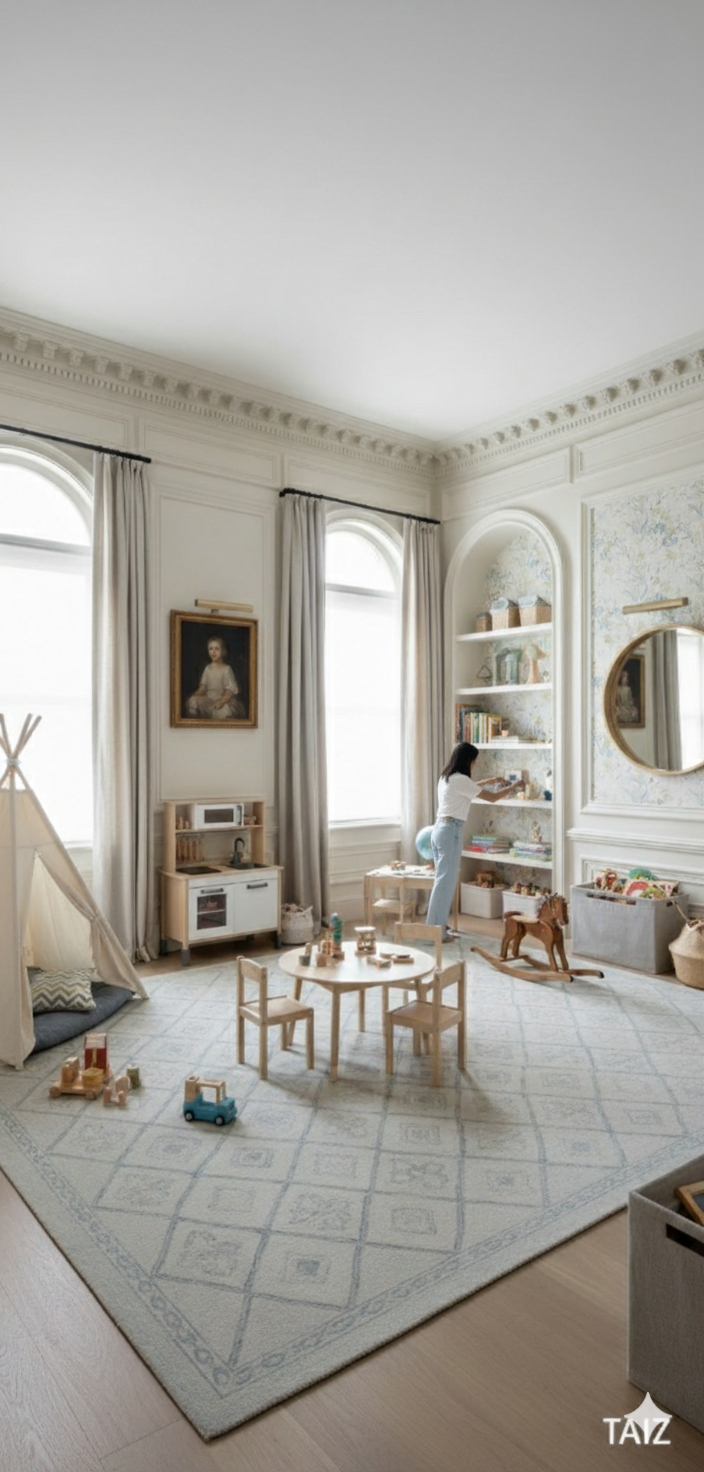 A spacious children's playroom with white walls, large windows with curtains, and a light-colored rug. There are toys scattered on the floor, a round table with four chairs, a teepee tent, and built-in shelves filled with books and toys. A woman is organizing toys on the shelves.