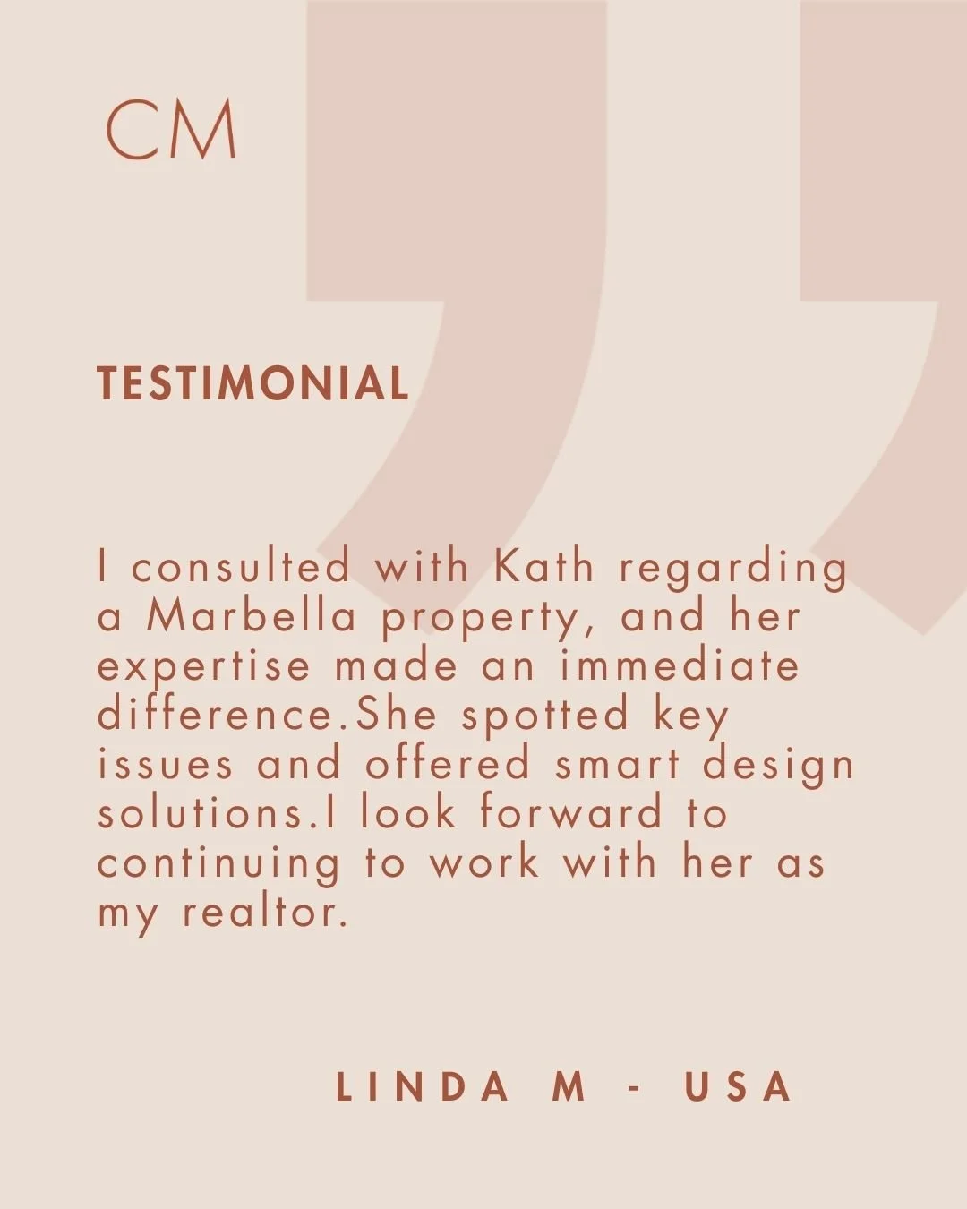 Testimonial letter from Linda M in the USA, praising a real estate agent for her expertise in Marbella property, helping identify key issues and offering smart design solutions.