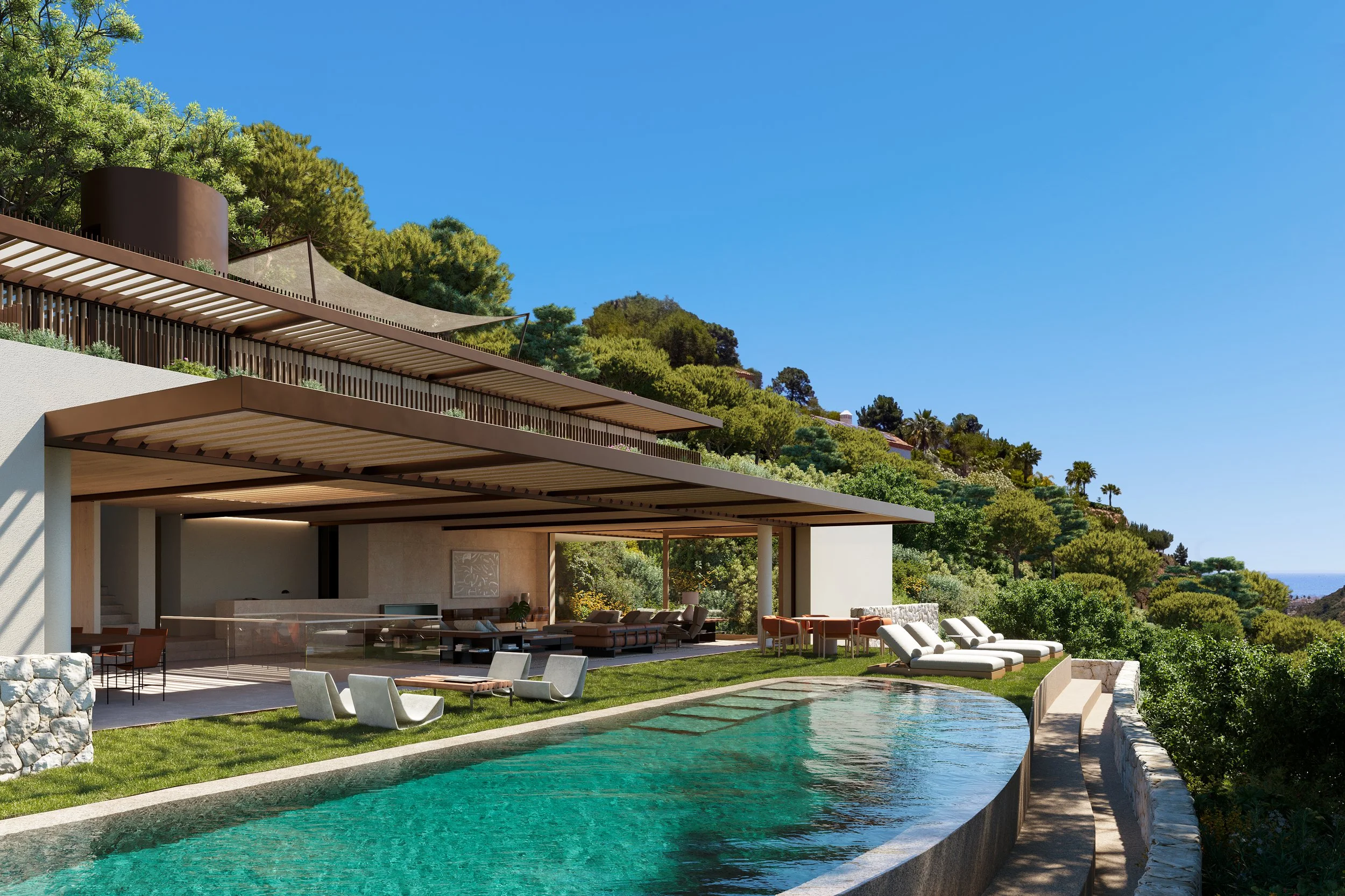 Rooftop solarium and lounge area at Villa Jacaranda with panoramic sea and mountain views