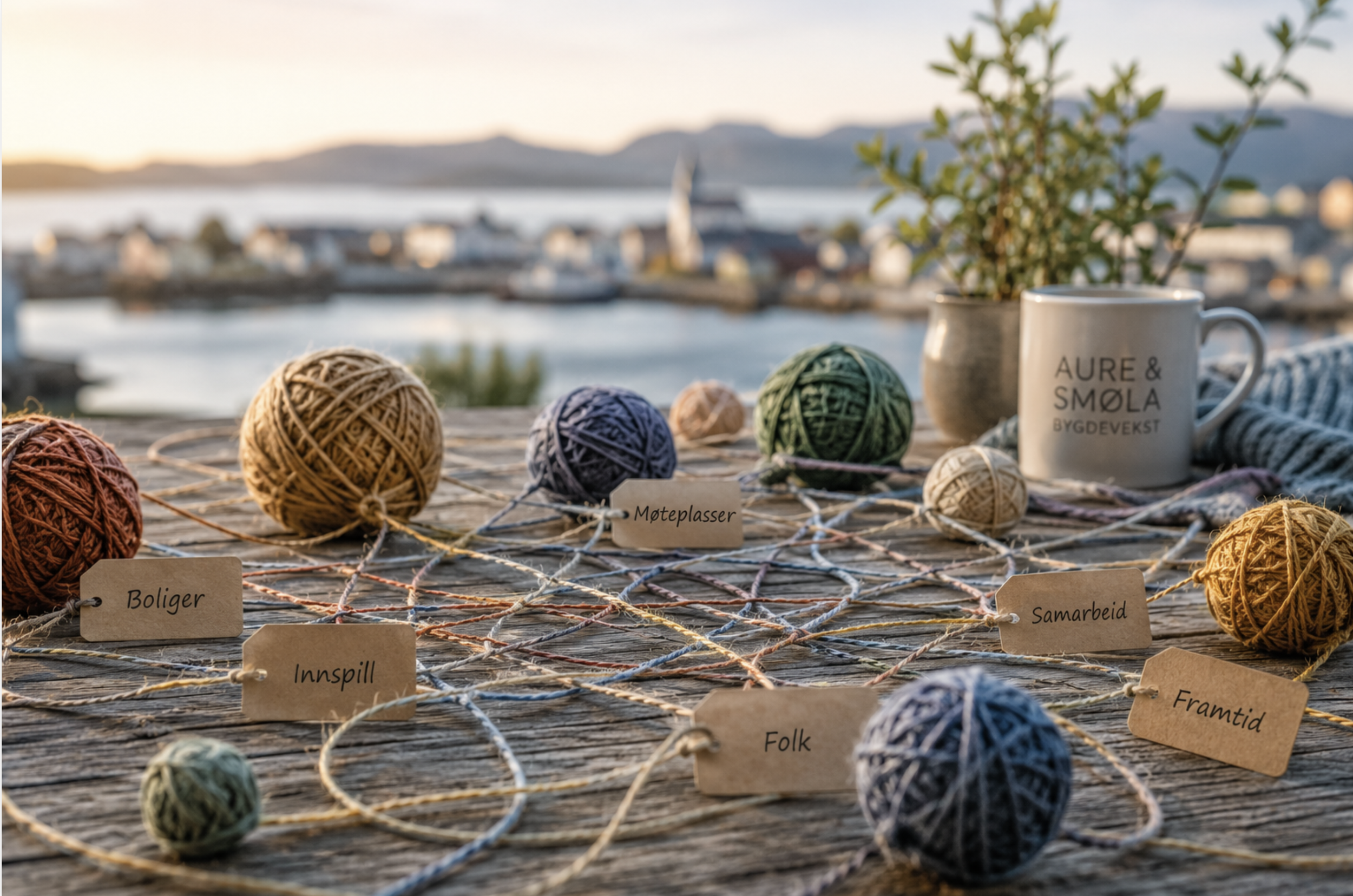 A table with colorful balls of yarn, labels with Norwegian words, a plant in a mug, and a scenic waterfront in the background during sunset.