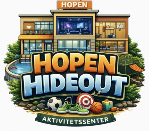 Illustration of a modern house with large windows and balconies, surrounded by greenery, with a swimming pool to the front. The house has the text 'HOPEN' above it. In front, there is a colorful logo that says 'HOPEN HIDEOUT' and 'AKTIVITETSSENTER' below, with sports equipment and a target symbol.