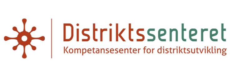 Logo for DistriktSentret, a competence center for district development, featuring an orange snowflake icon and text in orange and green.