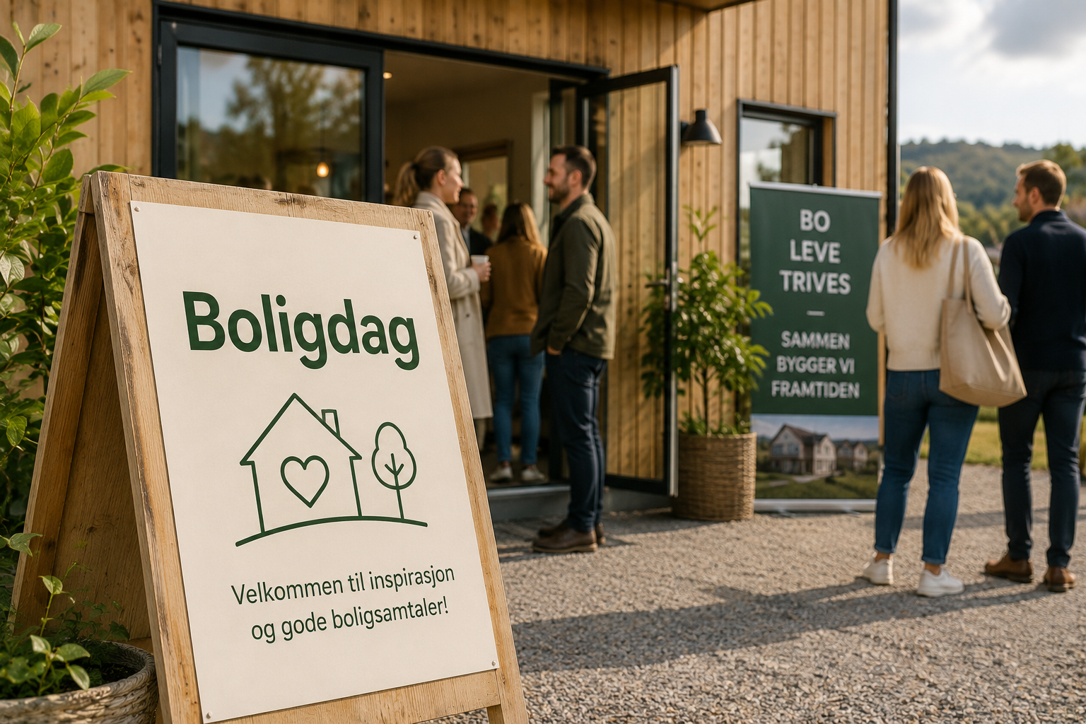 A signboard outside a building with the Norwegian words 'Boligdag' and a brief welcome message, alongside a simple illustration of a house and a tree. In the background, a small group of people are socializing near the entrance of a building with wooden siding, surrounded by greenery.