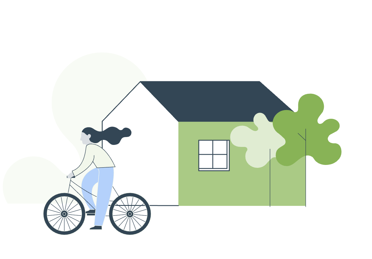 Illustration of a person riding a bicycle near a house with green walls and a dark roof, surrounded by trees and bushes.