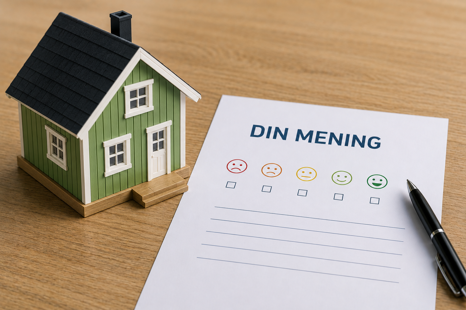 A toy green house with white window frames and a black roof next to a feedback survey sheet titled 'DIN MENING' with five face icons ranging from sad to happy and a pencil on a wooden surface.
