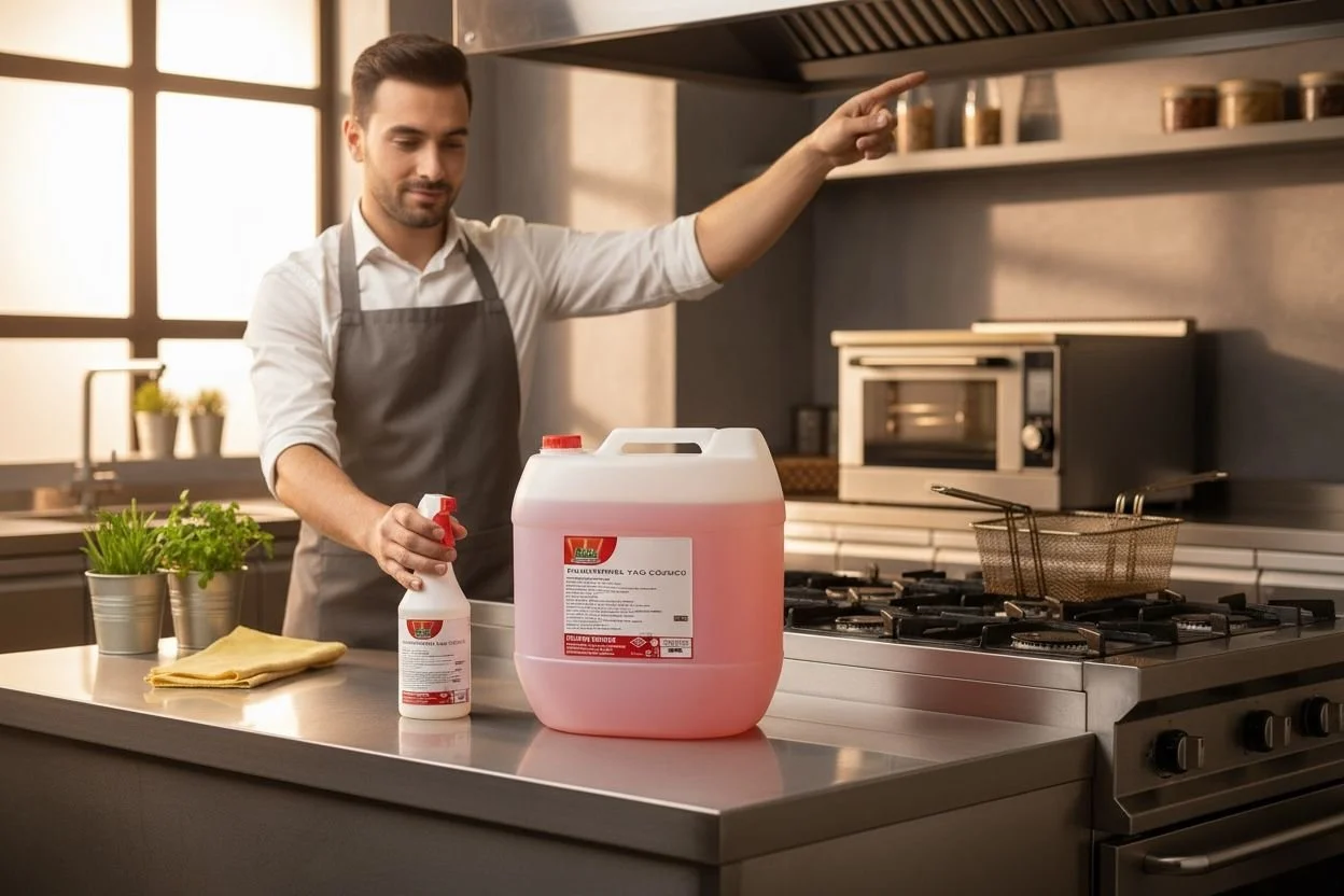 A man in an apron holding a spray bottle and pointing in a kitchen with a large container of cleaning solution on the countertop