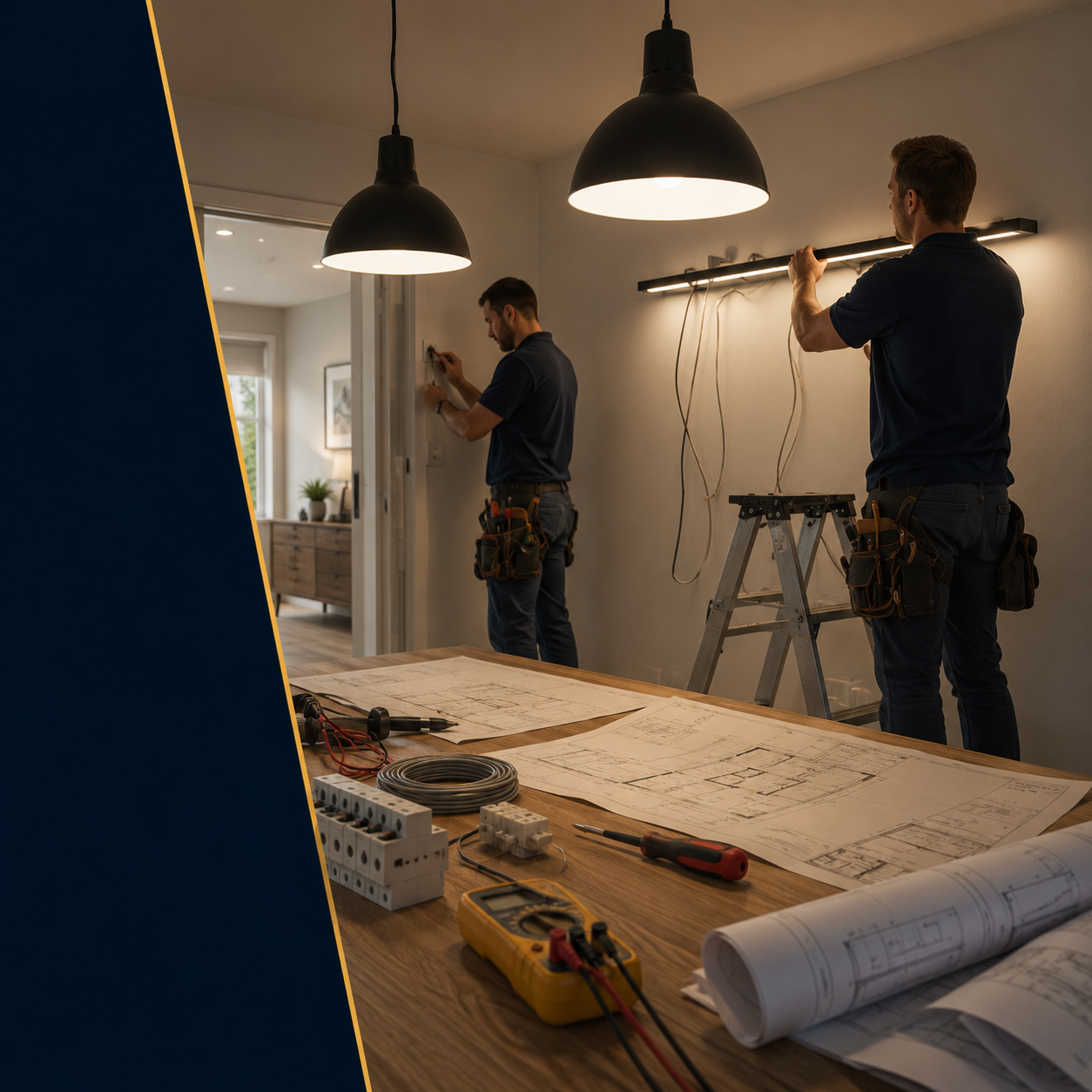 Two contractors installing wiring and lights in a modern dining room with a large wooden table and art supplies on it.