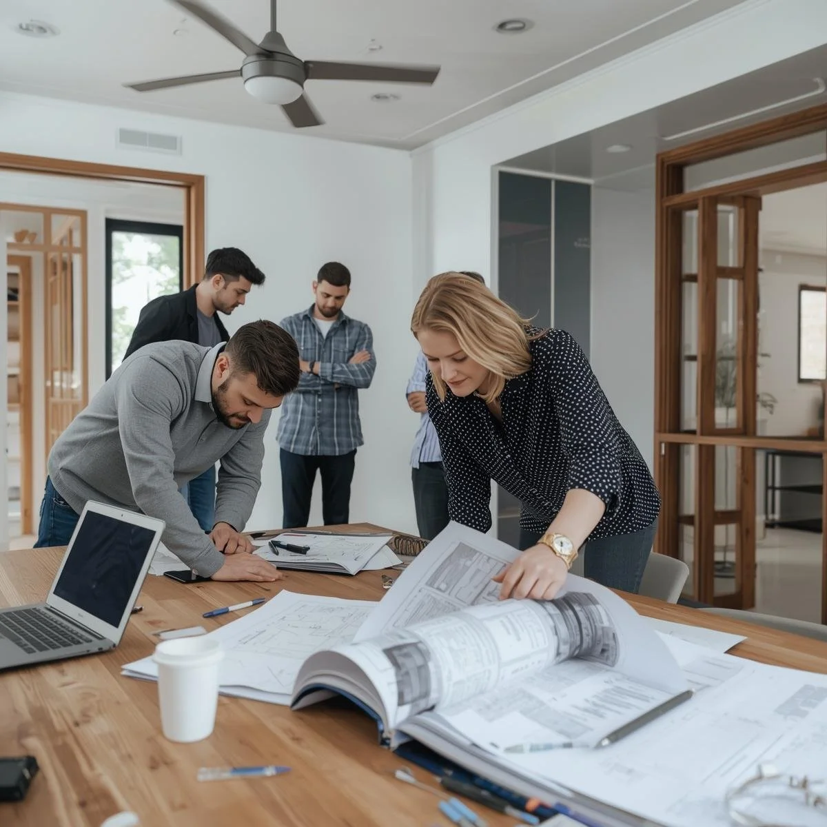 A group of people working together around a table with blueprints and design plans in a modern office or conference room.