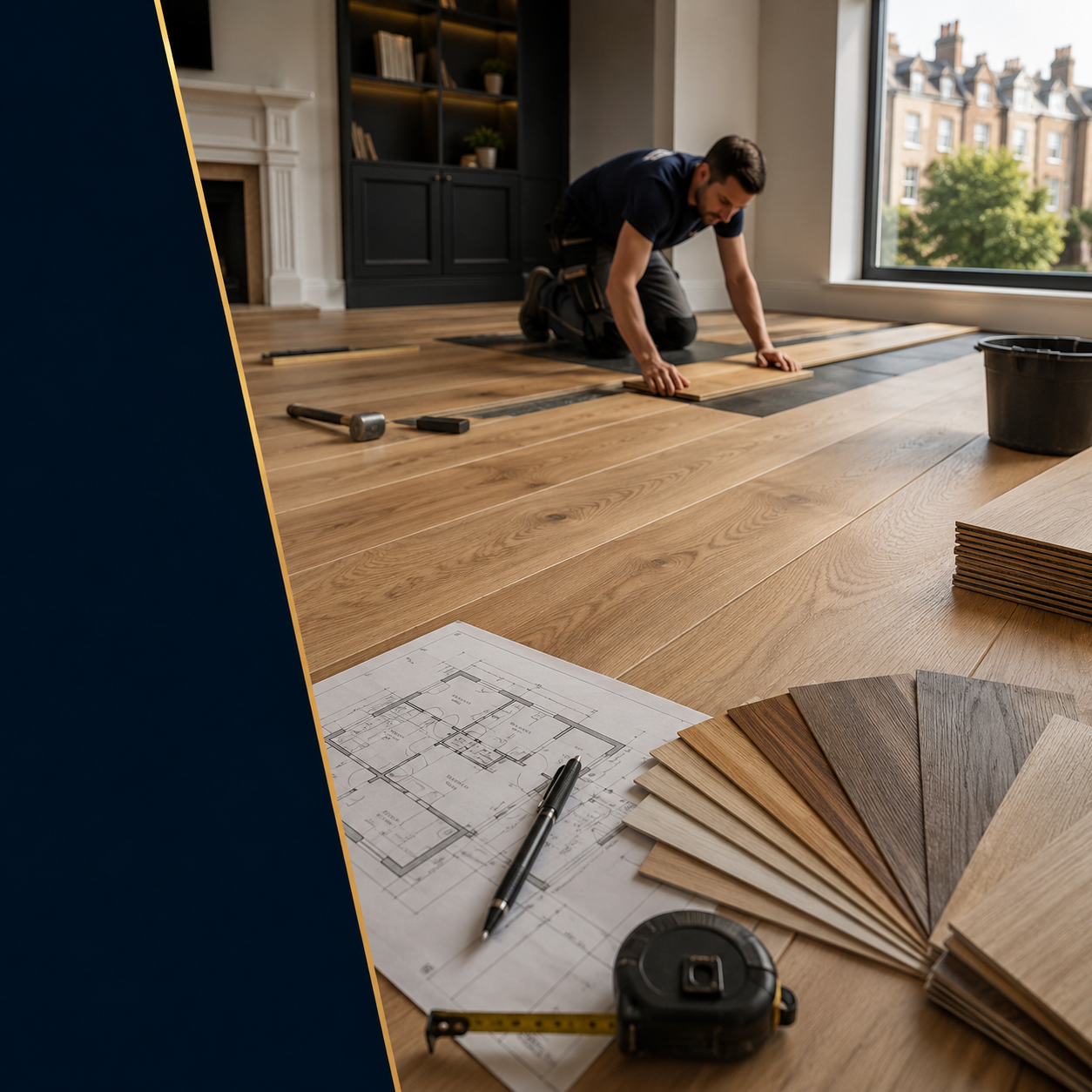 Person installing wooden hardwood flooring, kneeling on the floor, with planks and tools nearby.