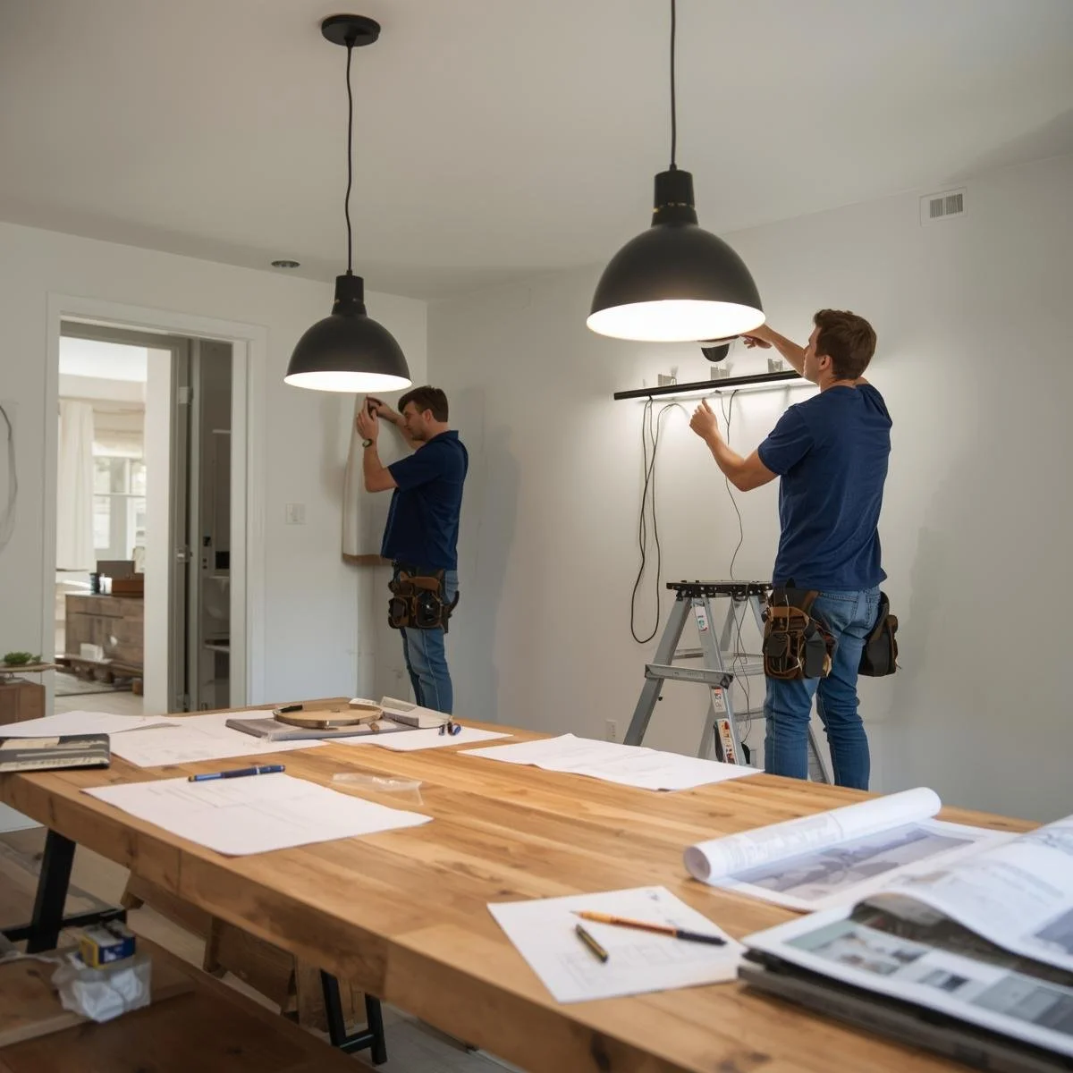 Two contractors installing wiring and lights in a modern dining room with a large wooden table and art supplies on it.