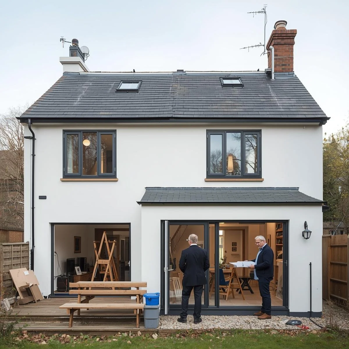 Two men in suits stand outside a modern two-story house with white exterior walls and black trim. The house has a large glass sliding door, through which an interior with bookcases and a staircase can be seen. There are two upper windows with windowpanes, and the roof has two skylights and chimneys. The backyard has a wooden deck, bench, and some outdoor furniture.