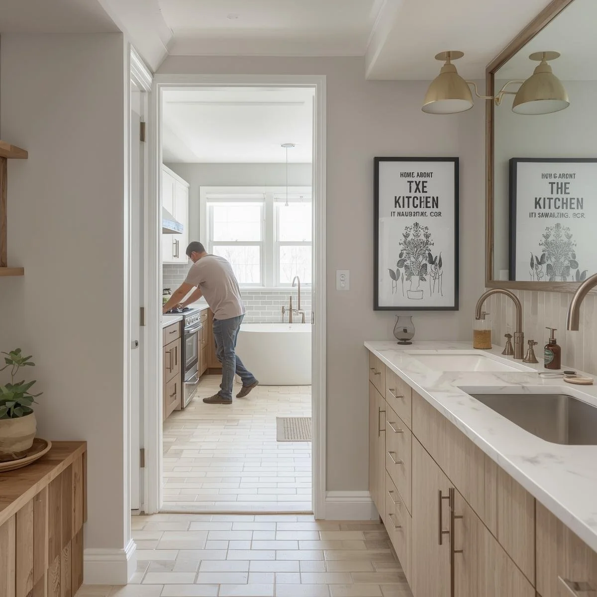 A man cooking in a bright, modern kitchen with white cabinets, a white bathtub, and large windows. The foreground shows a light wood cabinet with a marble countertop and framed wall art.