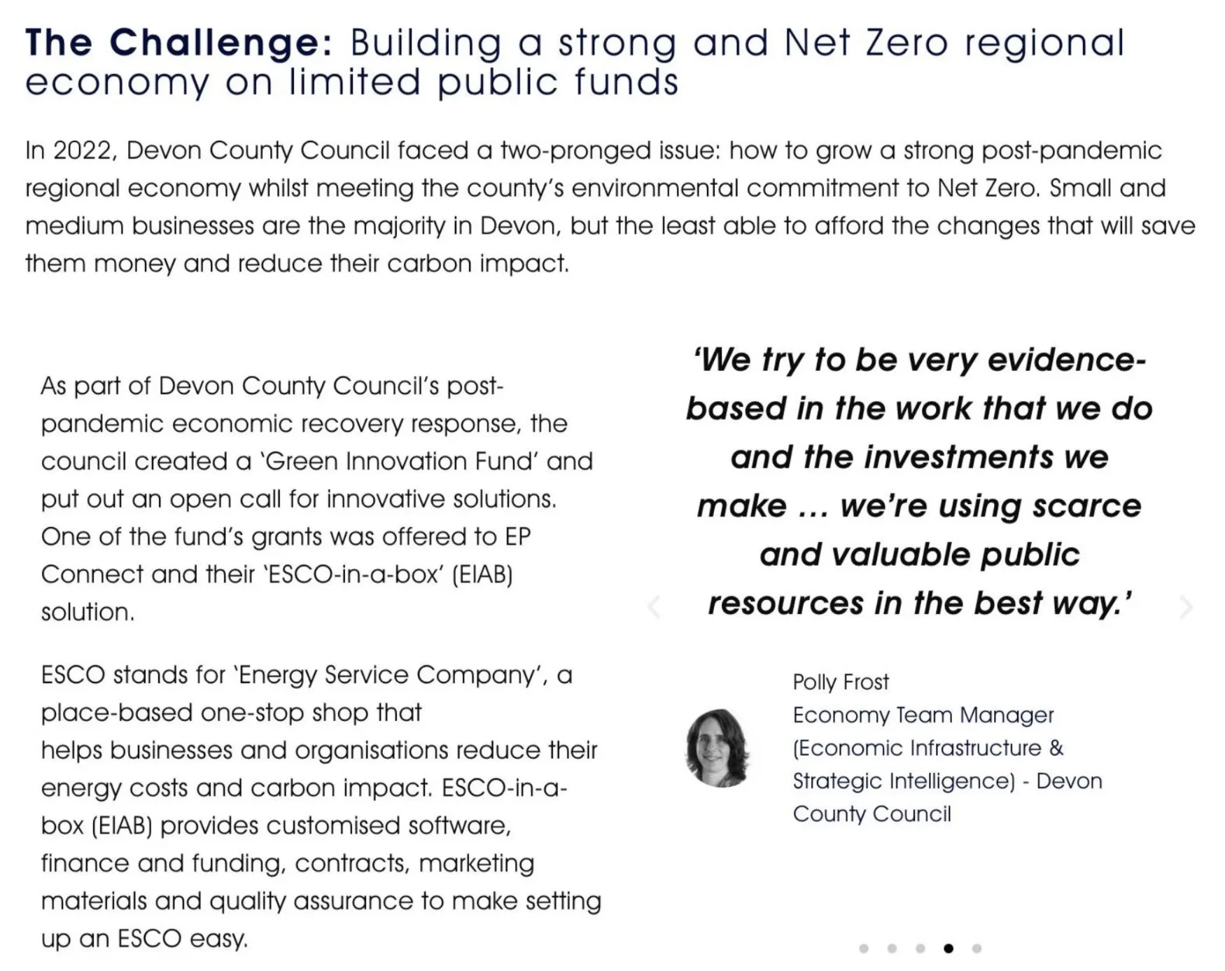 Screen grab of a case study talking about Devon County Council implementing an ESCO