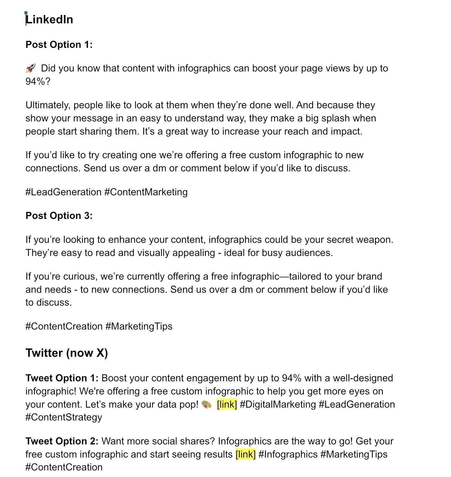 Samples of social media posts, including A/B testing options and campaign integration