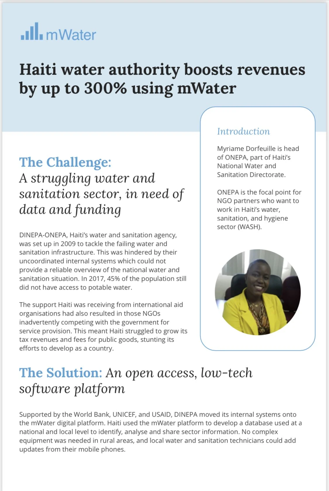 Screen grab of an mWater case study about Haiti WASH sector