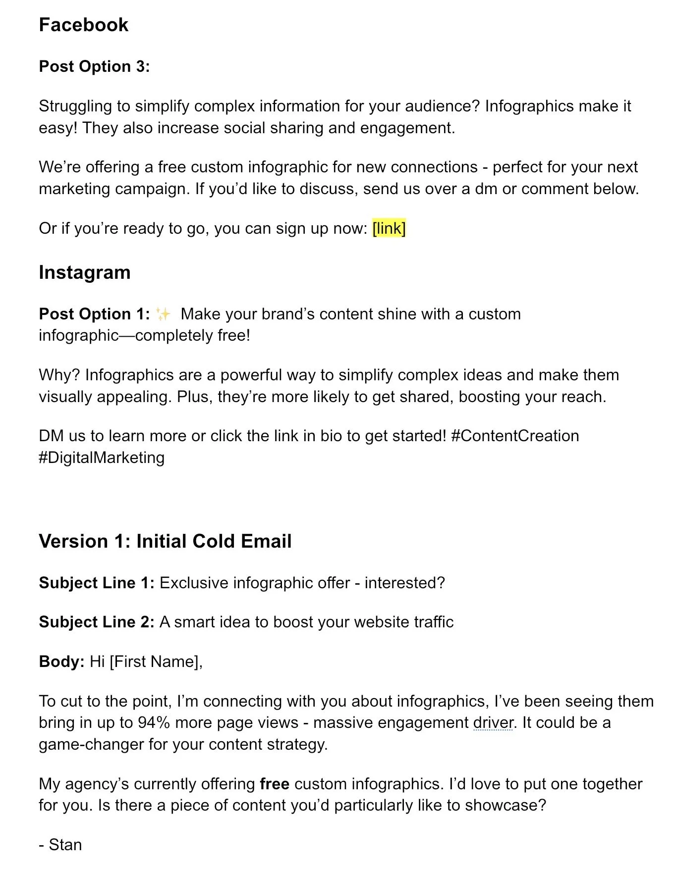Samples of social media content including A/B testing options and campaign integration