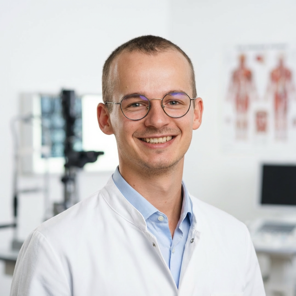 Portrait of Philipp Bergher, medical professional and author of 'ECG IN THE POCKET,' smiling in a clinical environment.