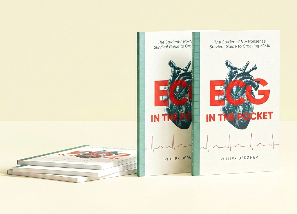 A professional display of the 'ECG IN THE POCKET' paperback book by Philipp Bergher, featuring two copies standing upright and a stack of three books lying flat to the side.