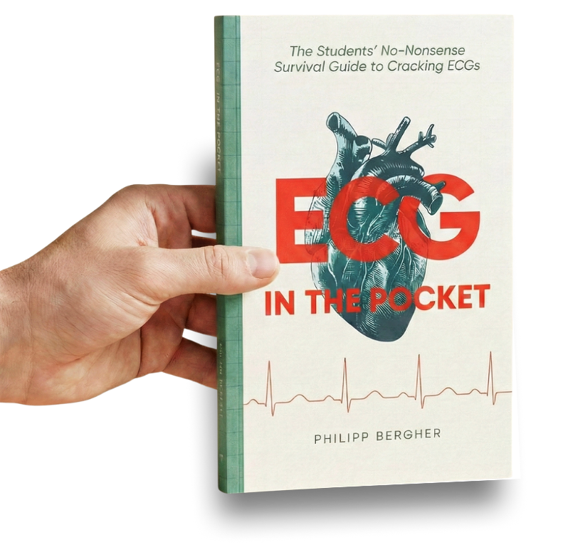 A hand holding the paperback edition of the book 'ECG IN THE POCKET: The Students' No-Nonsense Survival Guide to Cracking ECGs' by Philipp Bergher, showing the cover featuring an anatomical heart and ECG waveform.