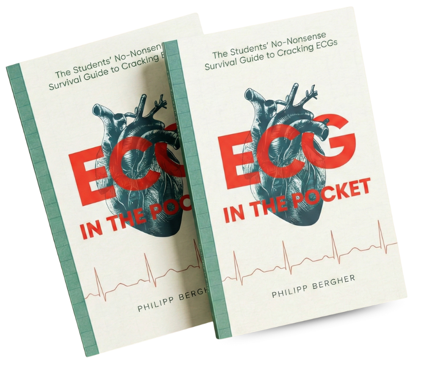 Two overlapping paperback copies of 'ECG IN THE POCKET: The Students' No-Nonsense Survival Guide to Cracking ECGs' by Philipp Bergher, showcasing the clean cover design and anatomical heart illustration.