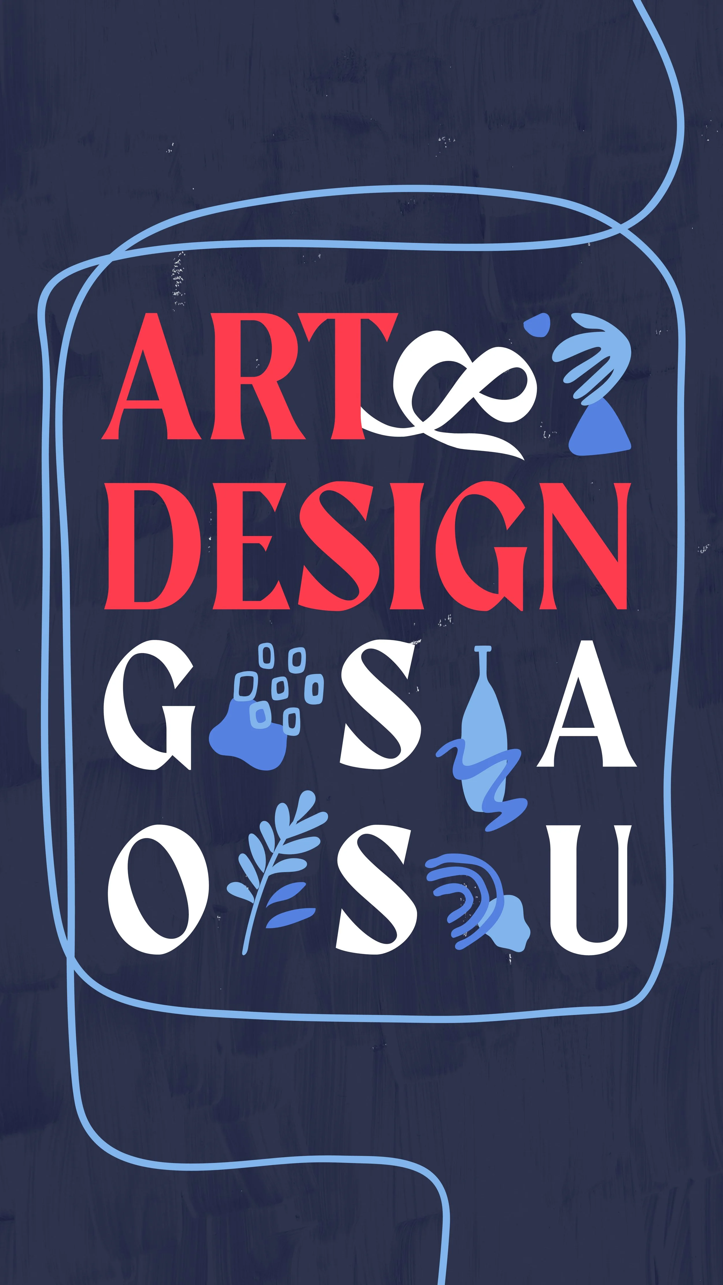 Grafik mit dem Text "ART & DESIGN GOSAOU" und illustrativen Elementen wie Hand, Flasche, Blume, Blätter, Essteller, und Wellenlinien auf dunklem Hintergrund.