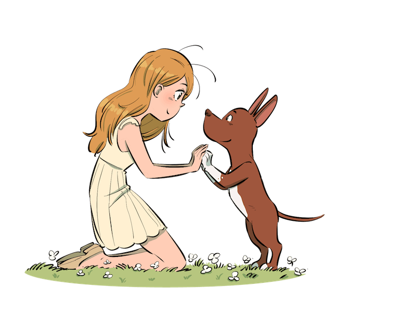 Dessin d'une fille et de son chien, ils sont complices et apaisés