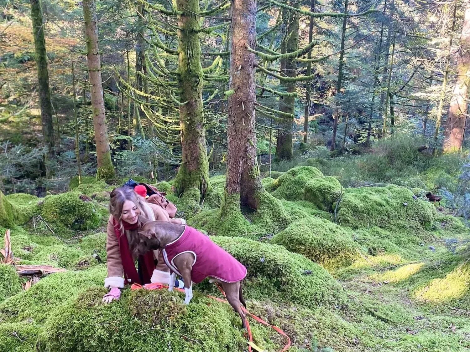 Manon Hénaux, comportementaliste canin, qui s'amuse avec un chien dans la forêt