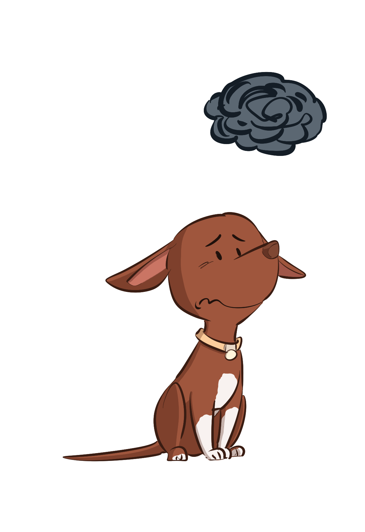 Un chien triste avec un nuage noir au dessus de la tête