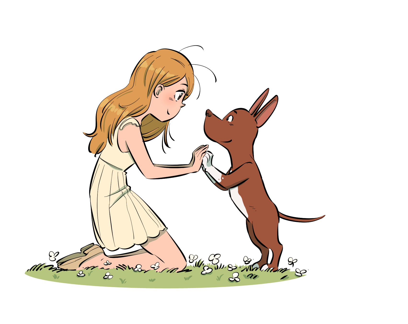 Une femme qui tient les pattes de son chien, ils sont complices et apaisés