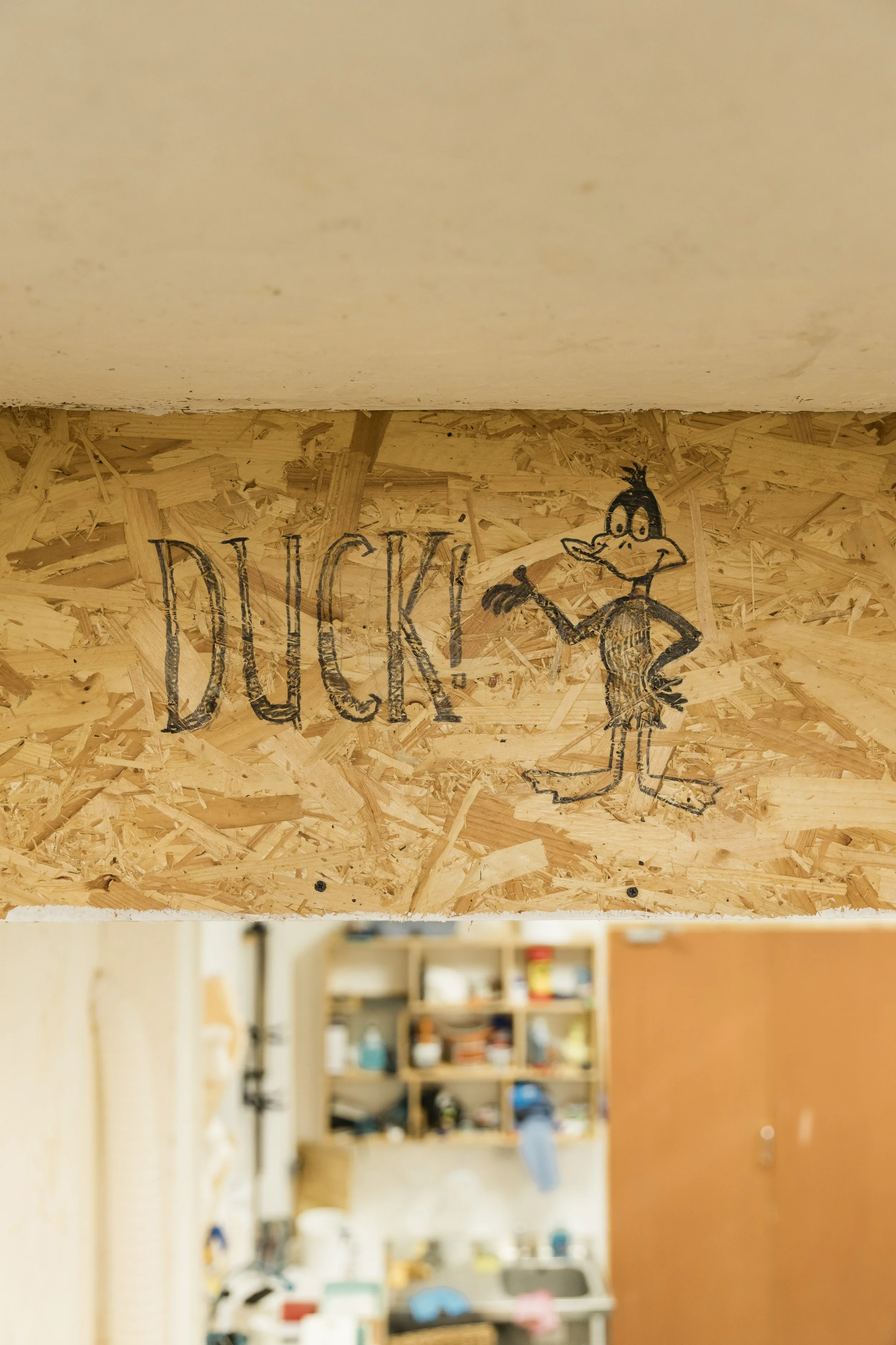 A drawing of a duck with the word 'DUCK!' written next to it on a wooden surface, with a blurry kitchen background below.