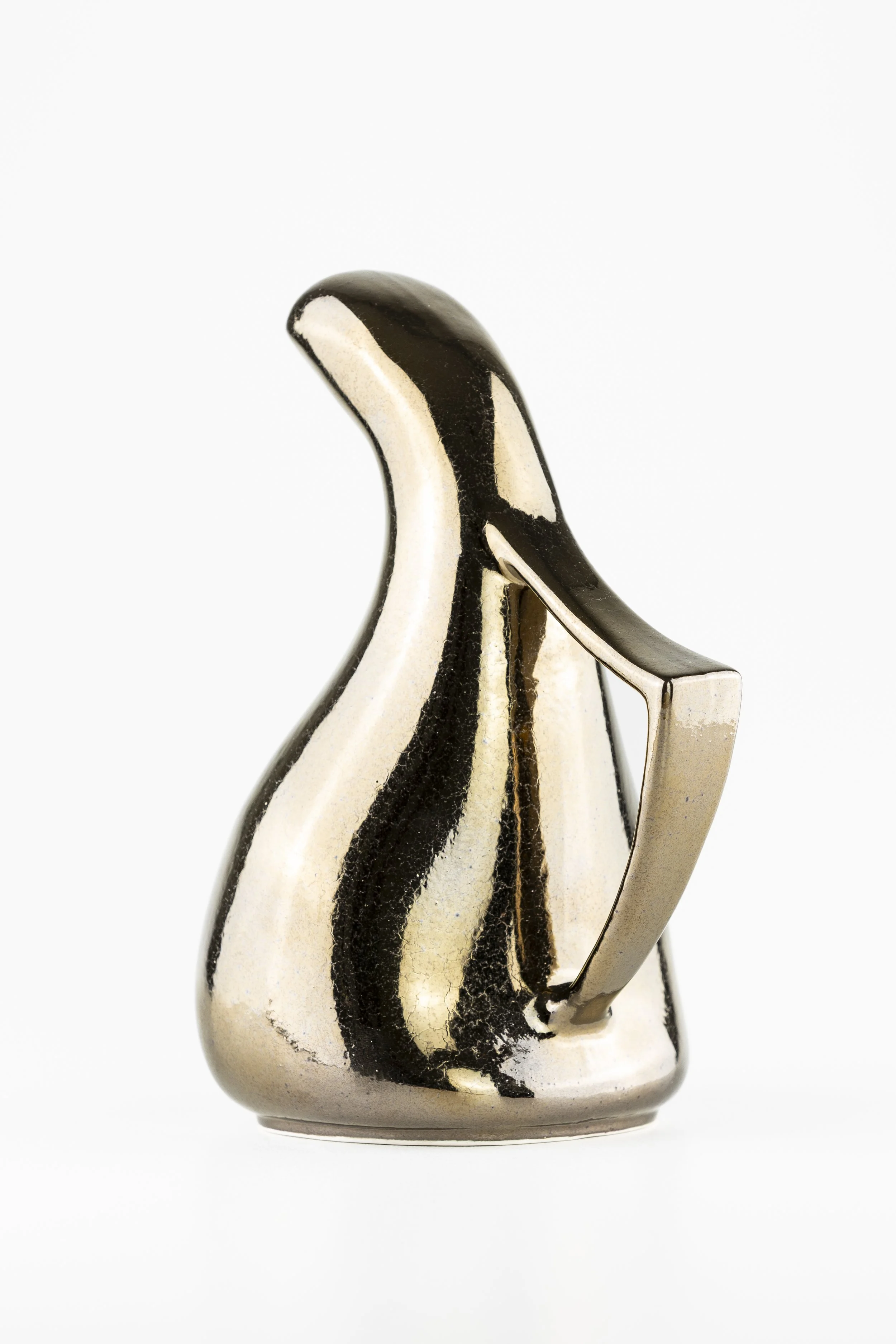 A ceramic teapot with a black and beige striped design, set against a white background.