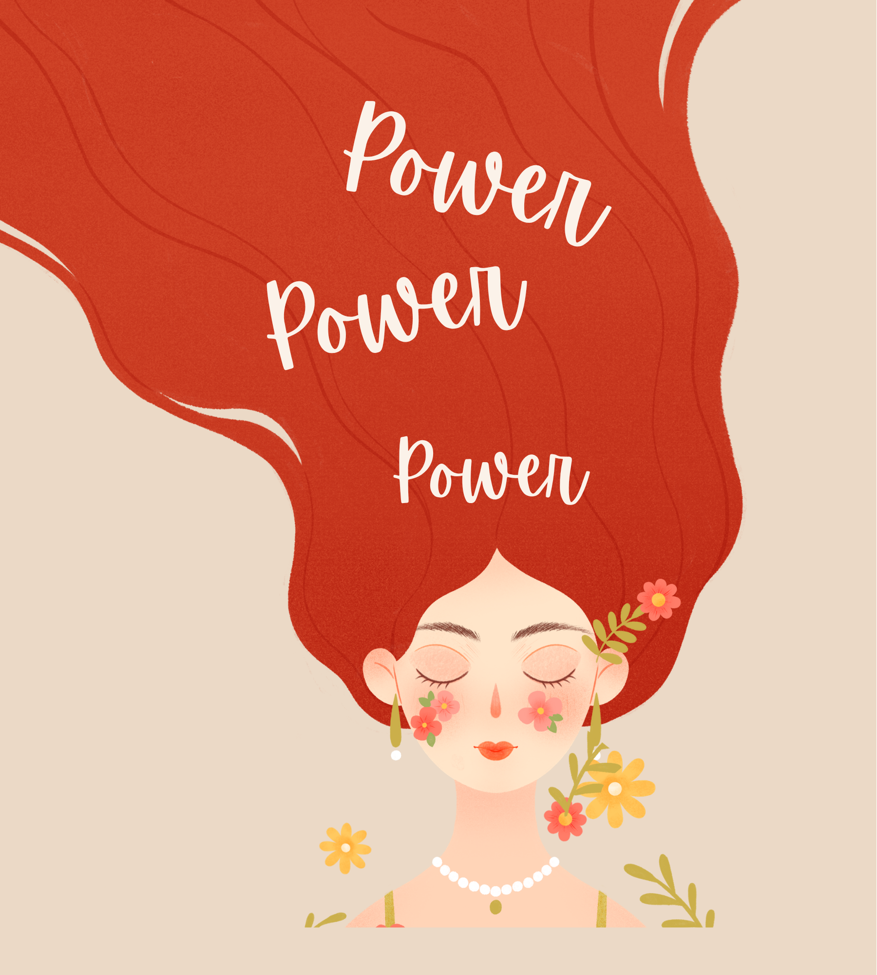 Ilustración de una mujer con cabello largo y rojo, con ojos cerrados, decorada con flores y crema en su rostro, con la palabra 'Power' repetida varias veces en su cabello.