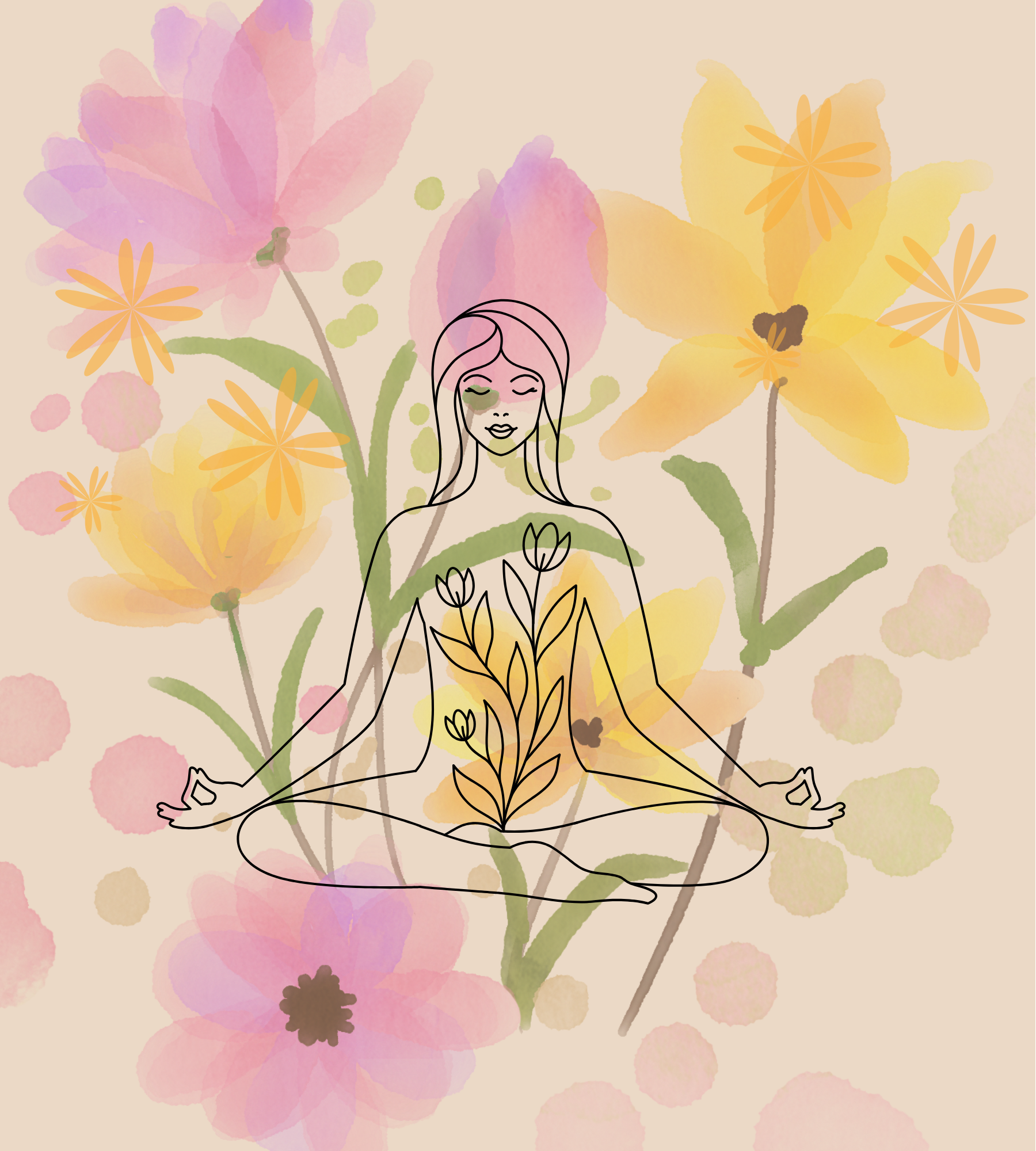 Dibujo de mujer en posición de meditación con flores y plantas en el fondo.