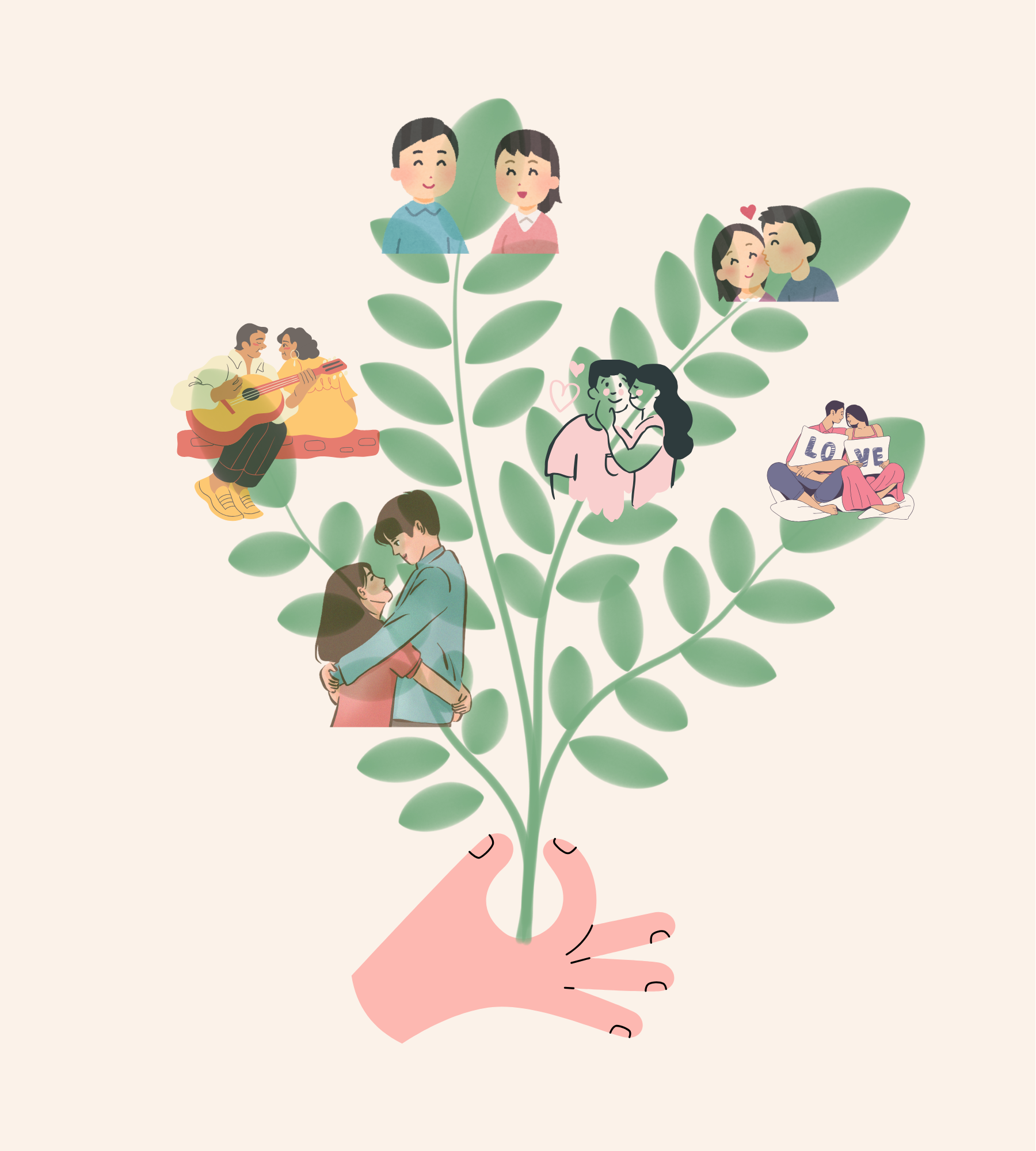 Ilustración de un árbol con ramas en forma de corazones, que contienen diferentes escenas de parejas felices: dos parejas cantando y tocando guitarra, una pareja abrazándose, una pareja con globos que dicen 'LOVE', y parejas besándose.