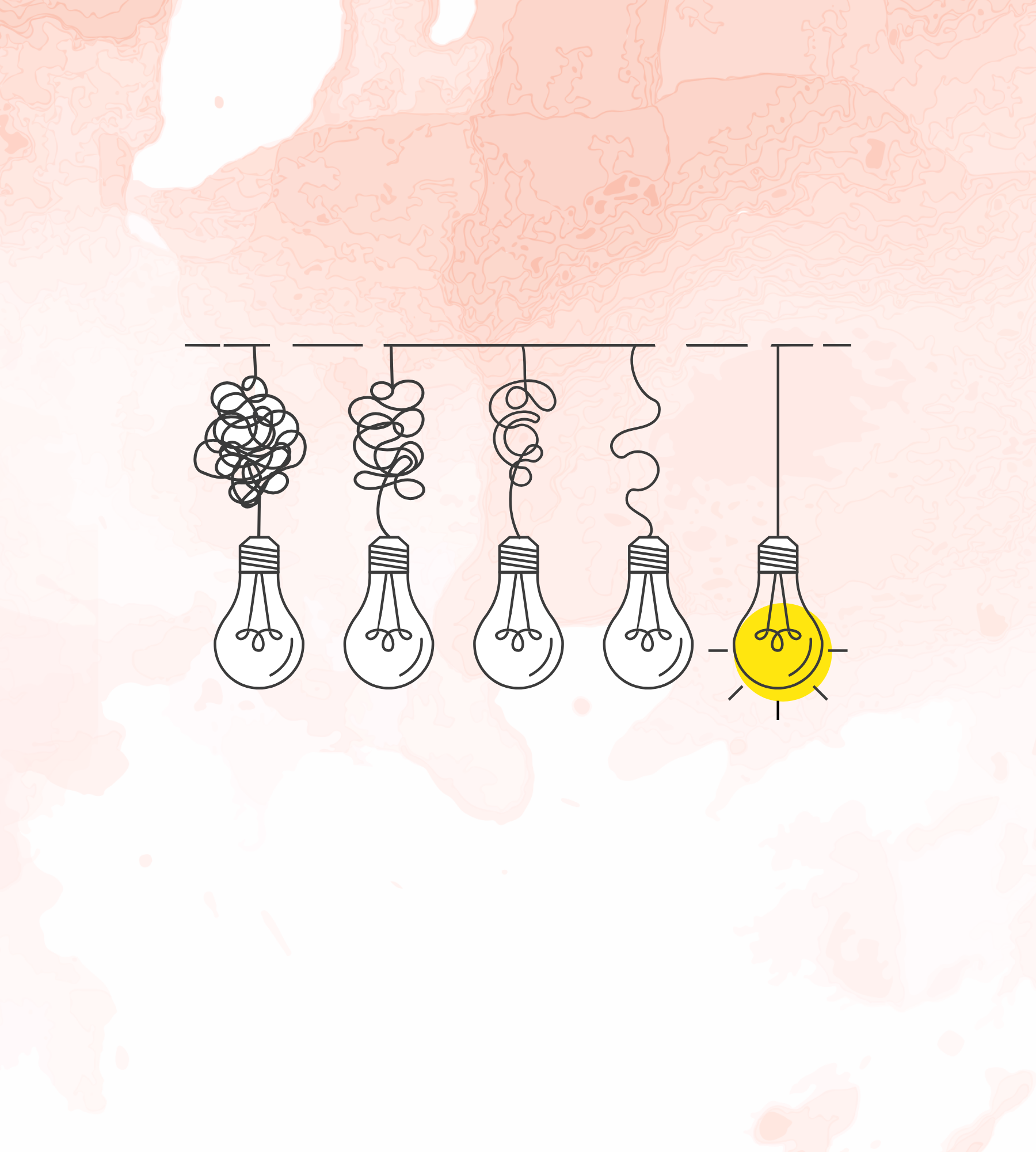 Cinco bombillas colgadas con diferentes cables, la última está encendida y es de color amarillo.