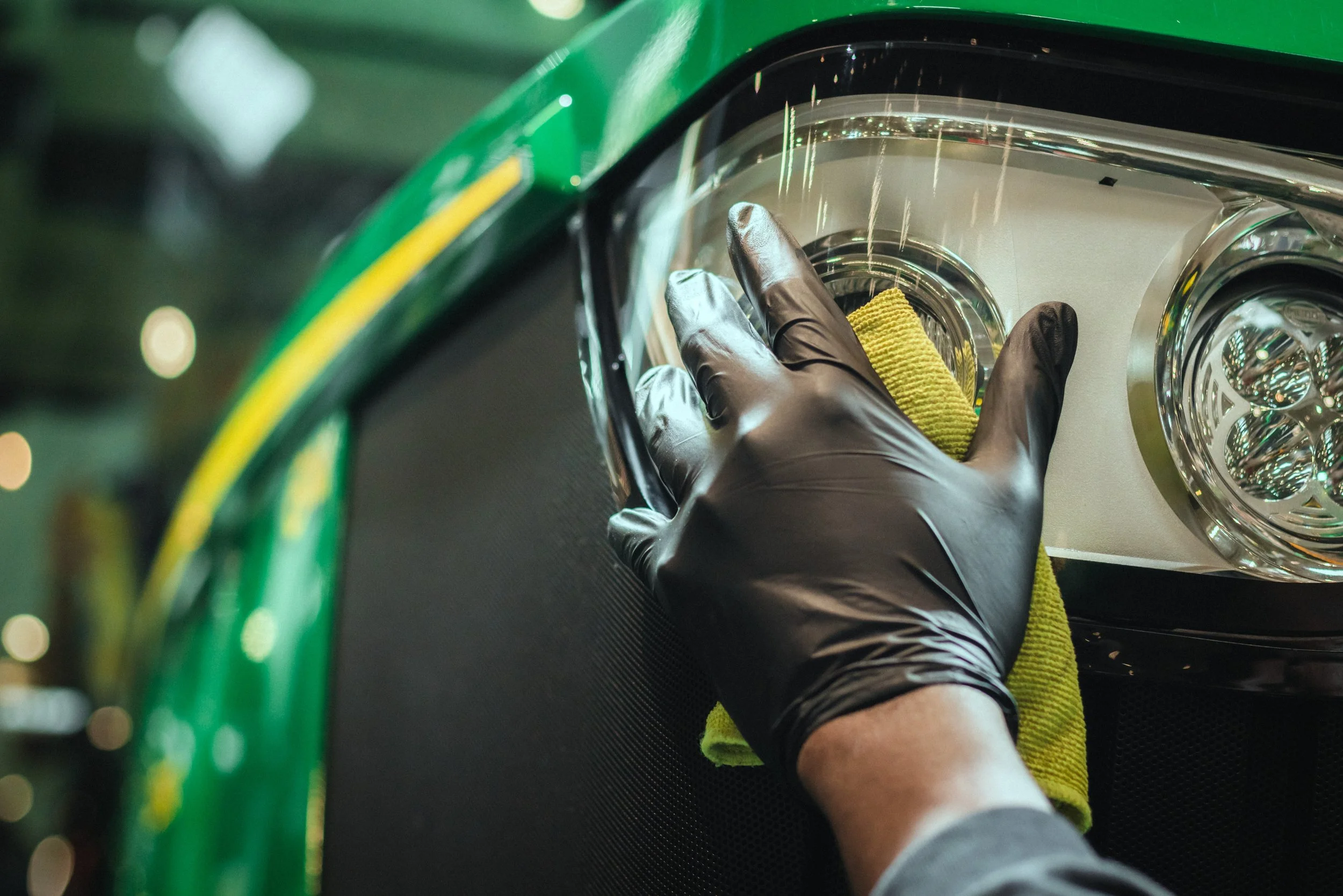 Un employé de AD Clean portant un gant en latex nettoie un phare de tracteur avec un chiffon jaune.