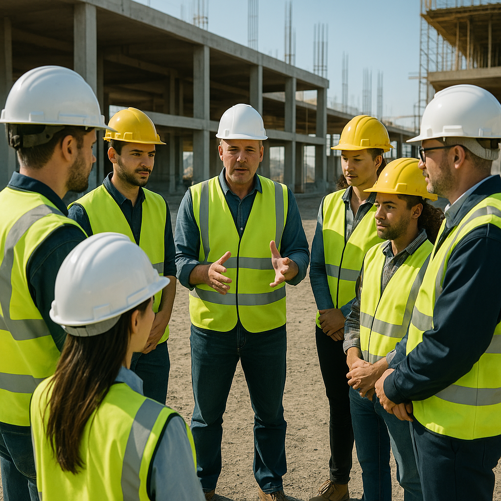 Multiple construction cranes tower over a partially built skyscraper under a partly cloudy sky.