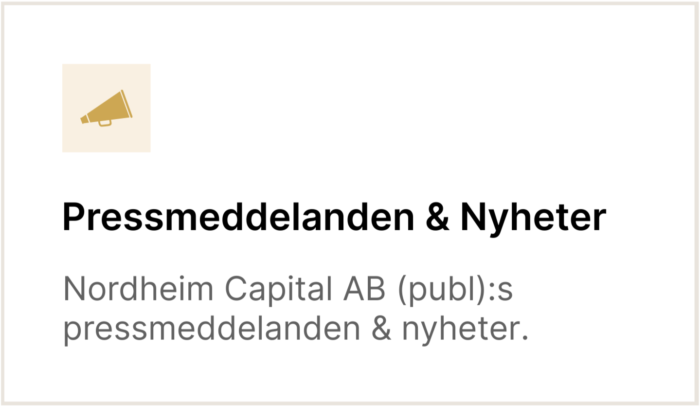 En grafisk bild med en gul nyhetsläckare ikon och texten: "Pressmeddelanden & Nyheter. Nordheim Capital AB (publ):s pressmeddelanden & nyheter."