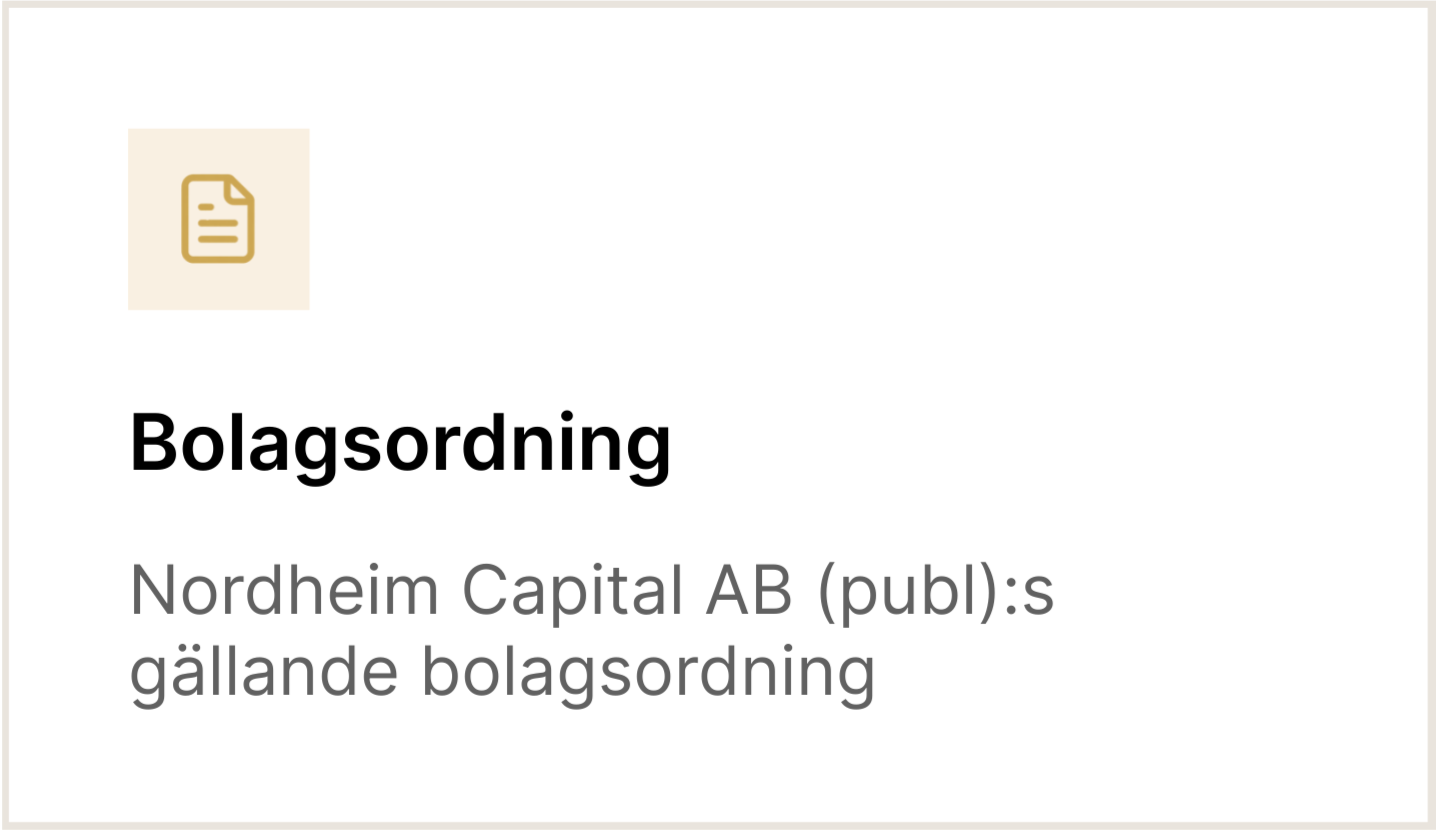 En sida som visar en bolagsordning för Nordheim Capital AB.